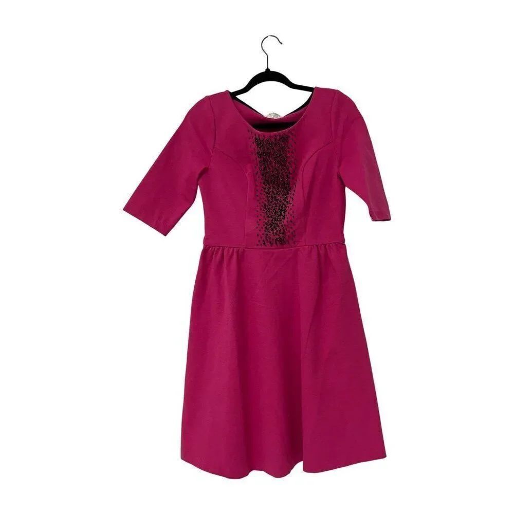 Boden Womens Dress UK 10R US 6R Fuchsia Pink Beaded 3/4 Sleeve Scoop Neck A-Line